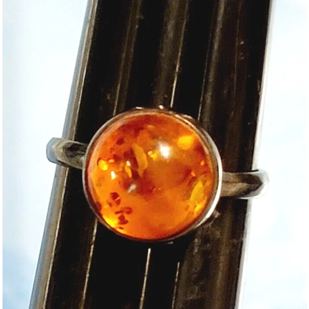 Vintage Boho‎ Sterling Silver Amber Ring Orange 925 Size 6.5